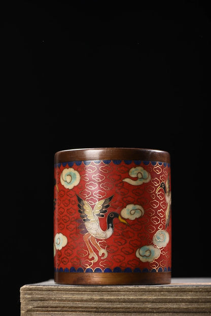 4"Tibetan Temple Collection Old Purple Bronze Cloisonne Enamel bat Longevity handwriting Pen holder Gather fortune Town house