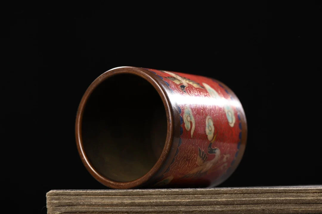 4"Tibetan Temple Collection Old Purple Bronze Cloisonne Enamel bat Longevity handwriting Pen holder Gather fortune Town house