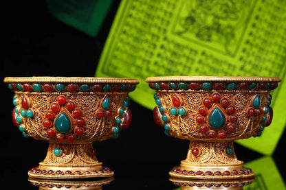 4"Tibetan Temple Collection Old Tibetan silver Gilt mosaic Gem offering Bowl A Pair Buddha bowl prayer Bowl Amulet Dharma