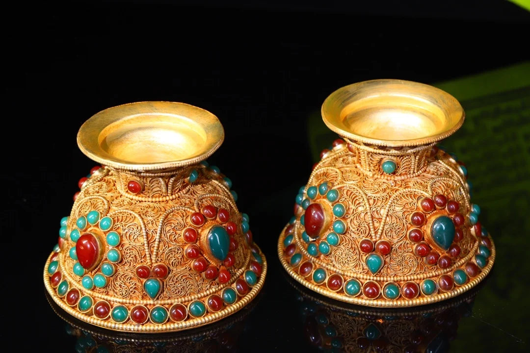 4"Tibetan Temple Collection Old Tibetan silver Gilt mosaic Gem offering Bowl A Pair Buddha bowl prayer Bowl Amulet Dharma