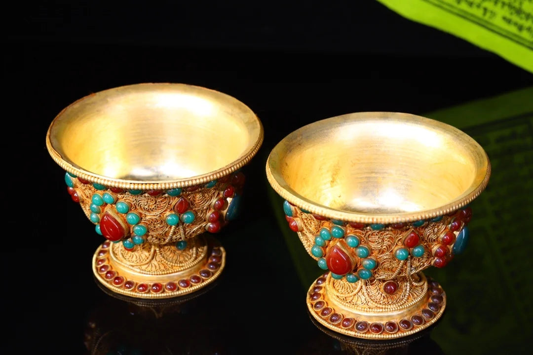 4"Tibetan Temple Collection Old Tibetan silver Gilt mosaic Gem offering Bowl A Pair Buddha bowl prayer Bowl Amulet Dharma