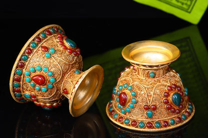 4"Tibetan Temple Collection Old Tibetan silver Gilt mosaic Gem offering Bowl A Pair Buddha bowl prayer Bowl Amulet Dharma