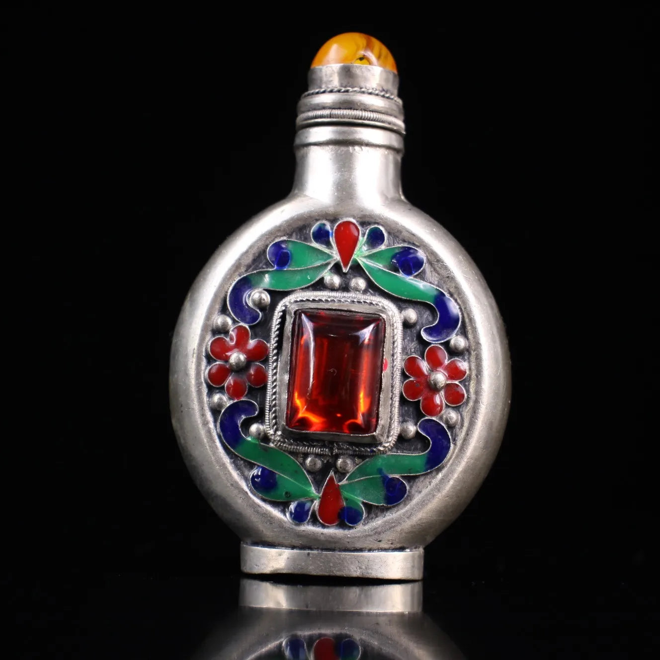 4"Tibetan Temple Collection Old Tibetan silver Mosaic Gem Cloisonne Flower Texture Snuff Bottle Pendant Amulet Town house