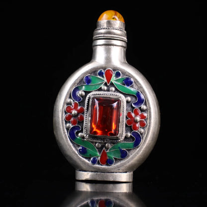4"Tibetan Temple Collection Old Tibetan silver Mosaic Gem Cloisonne Flower Texture Snuff Bottle Pendant Amulet Town house
