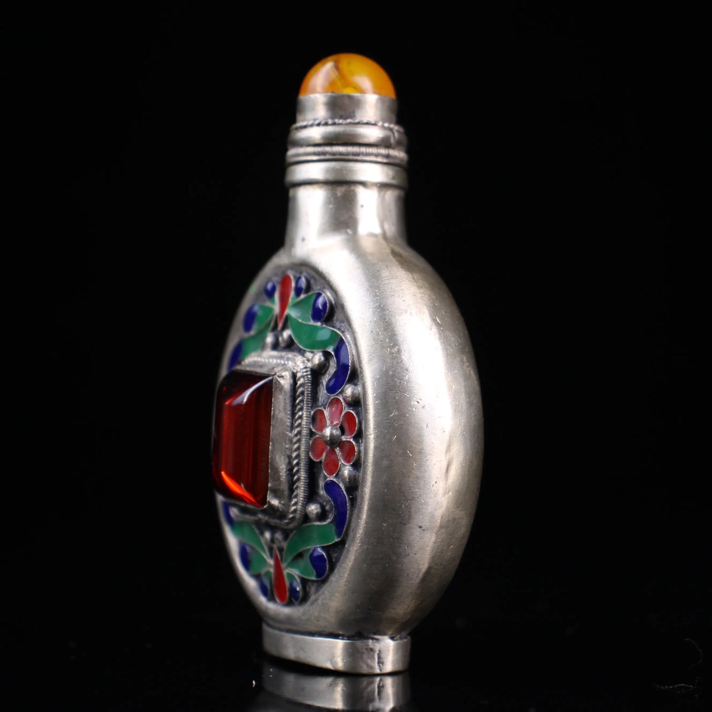 4"Tibetan Temple Collection Old Tibetan silver Mosaic Gem Cloisonne Flower Texture Snuff Bottle Pendant Amulet Town house