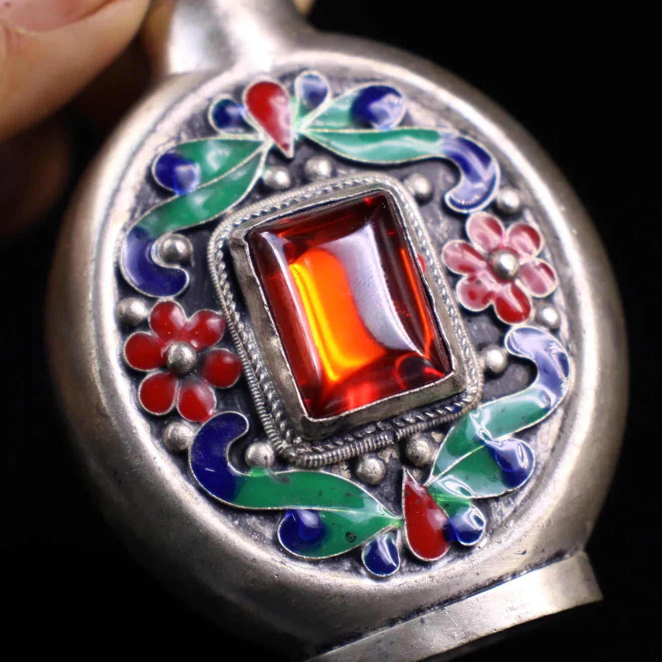 4"Tibetan Temple Collection Old Tibetan silver Mosaic Gem Cloisonne Flower Texture Snuff Bottle Pendant Amulet Town house