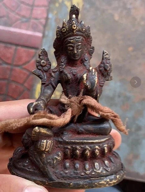 4" Tibetan bronze Gilt Inlay turquoise green Tara Kwan-yin goddess Buddha statue
