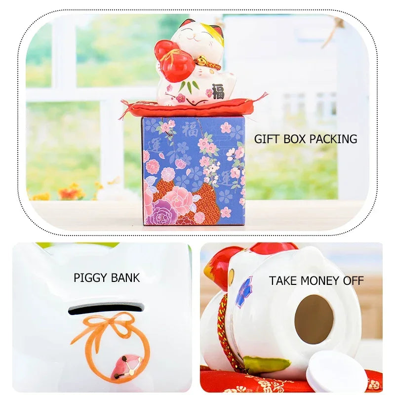 4 inch Ceramic Maneki Neko Figurine Lucky Cat Money Box Fortune Cat Ornament Piggy Bank Feng Shui Business Gift
