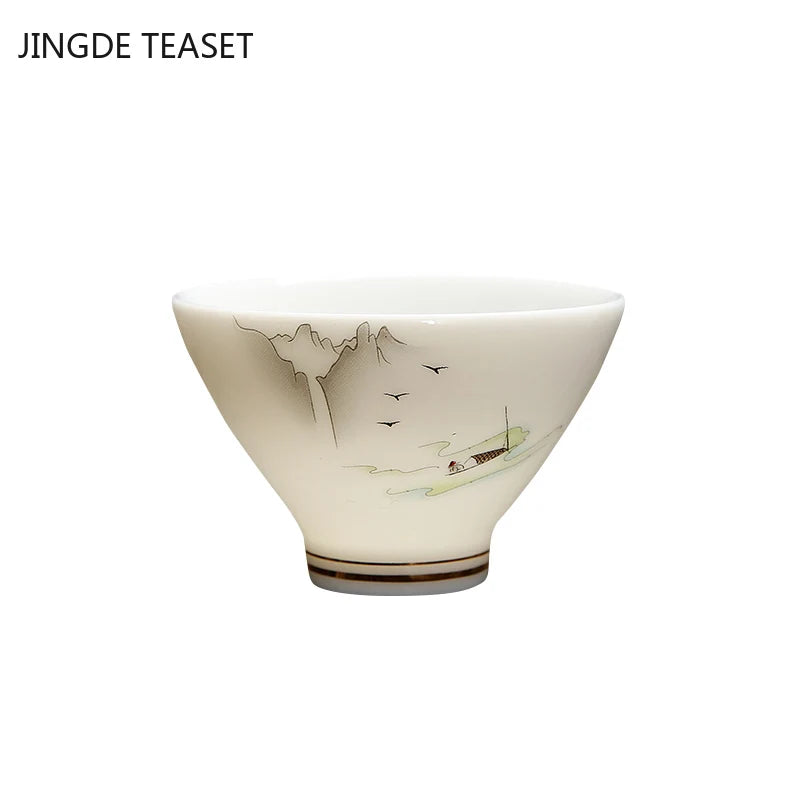 4 pcs/lot Chinese Ceramic Teacup Suet jade White porcelain Coffee cup Tea Bowl Handmade Tea set Accessories Master cup Drinkware