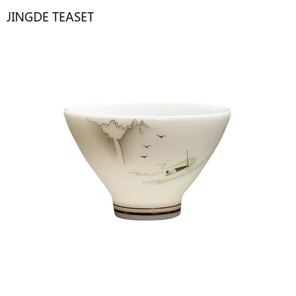 4 pcs/lot Chinese Ceramic Teacup Suet jade White porcelain Coffee cup Tea Bowl Handmade Tea set Accessories Master cup Drinkware