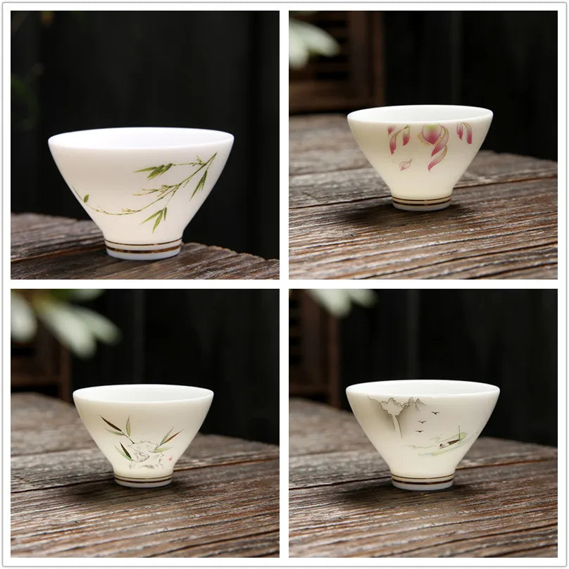 4 pcs/lot Chinese Ceramic Teacup Suet jade White porcelain Coffee cup Tea Bowl Handmade Tea set Accessories Master cup Drinkware