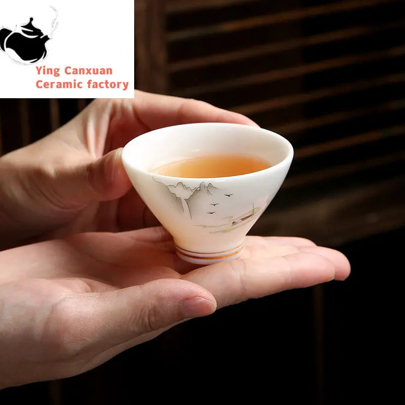 4 pcs/lot Chinese Ceramic Teacup Suet jade White porcelain Coffee cup Tea Bowl Handmade Tea set Accessories Master cup Drinkware