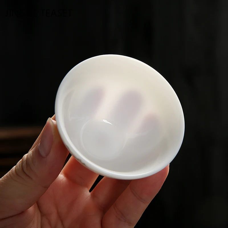 4 pcs/lot Chinese Ceramic Teacup Suet jade White porcelain Coffee cup Tea Bowl Handmade Tea set Accessories Master cup Drinkware