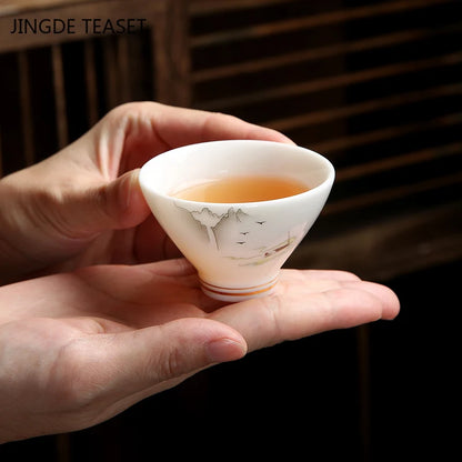 4 pcs/lot Chinese Ceramic Teacup Suet jade White porcelain Coffee cup Tea Bowl Handmade Tea set Accessories Master cup Drinkware