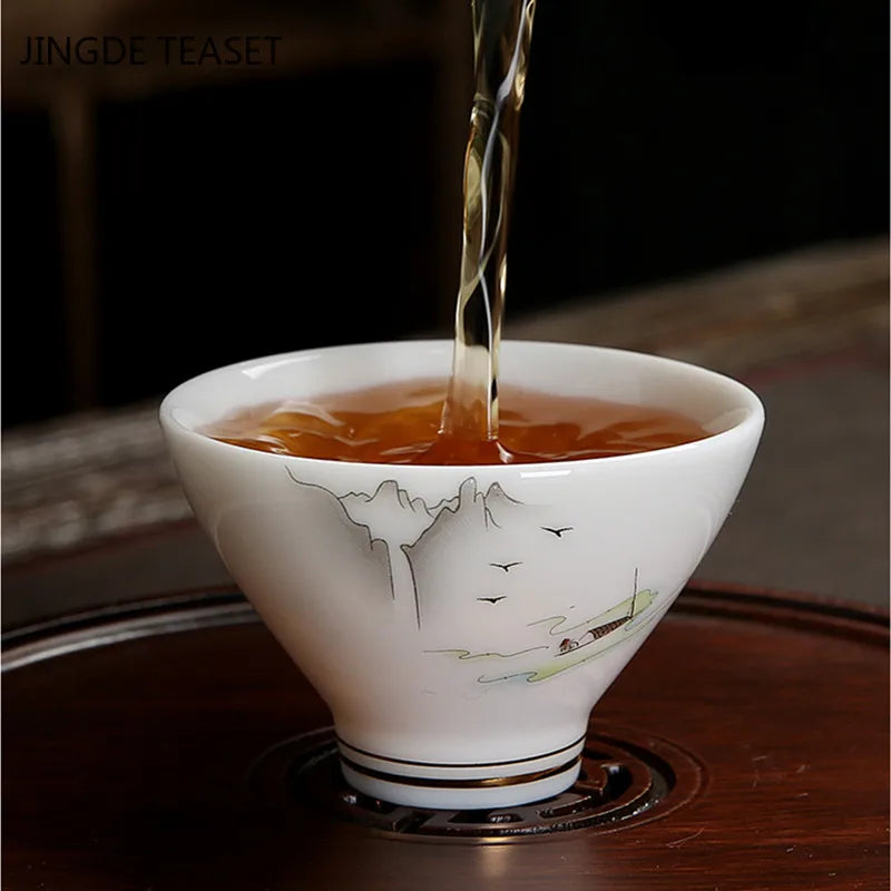 4 pcs/lot Chinese Ceramic Teacup Suet jade White porcelain Coffee cup Tea Bowl Handmade Tea set Accessories Master cup Drinkware