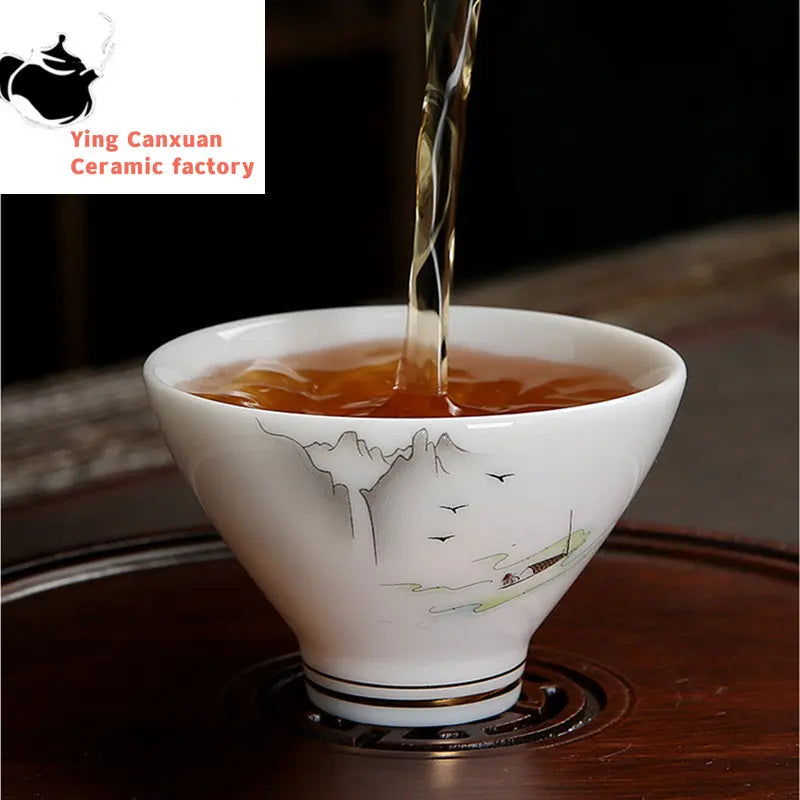 4 pcs/lot Chinese Ceramic Teacup Suet jade White porcelain Coffee cup Tea Bowl Handmade Tea set Accessories Master cup Drinkware