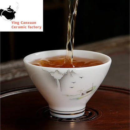 4 pcs/lot Chinese Ceramic Teacup Suet jade White porcelain Coffee cup Tea Bowl Handmade Tea set Accessories Master cup Drinkware