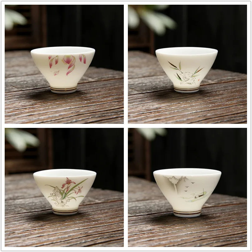 4 pcs/lot Chinese Ceramic Teacup Suet jade White porcelain Coffee cup Tea Bowl Handmade Tea set Accessories Master cup Drinkware