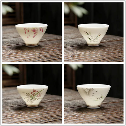 4 pcs/lot Chinese Ceramic Teacup Suet jade White porcelain Coffee cup Tea Bowl Handmade Tea set Accessories Master cup Drinkware