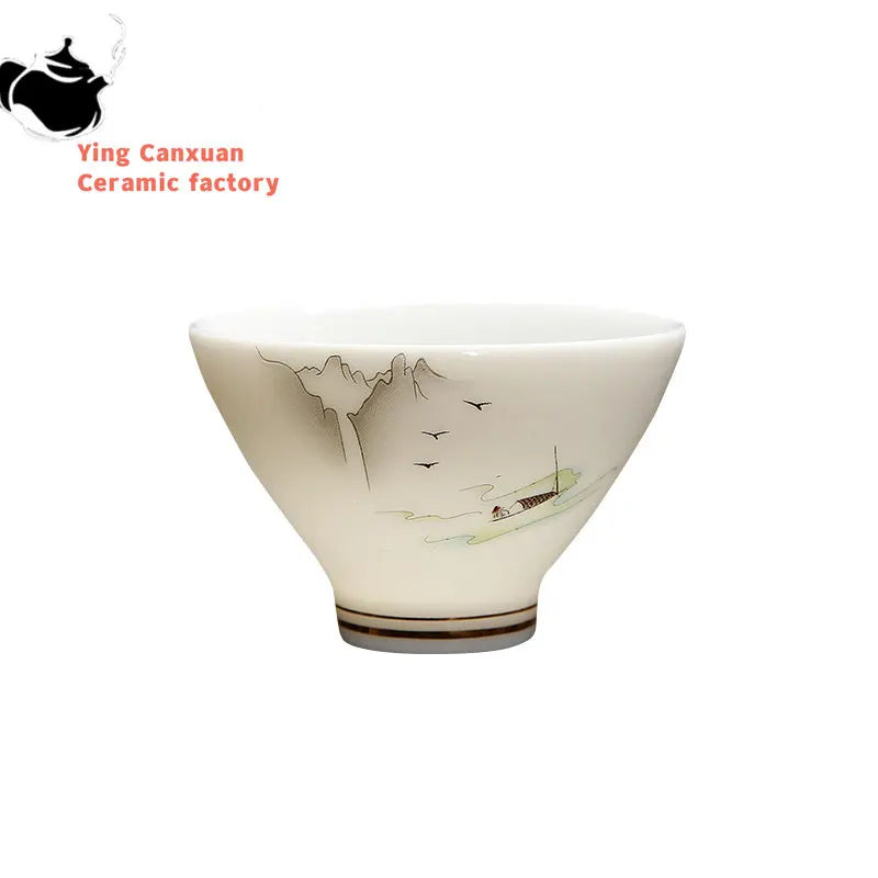 4 pcs/lot Chinese Ceramic Teacup Suet jade White porcelain Coffee cup Tea Bowl Handmade Tea set Accessories Master cup Drinkware