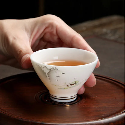 4 pcs/lot Chinese Ceramic Teacup Suet jade White porcelain Coffee cup Tea Bowl Handmade Tea set Accessories Master cup Drinkware