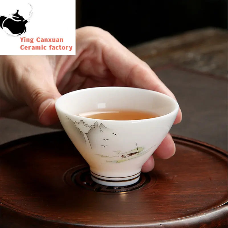 4 pcs/lot Chinese Ceramic Teacup Suet jade White porcelain Coffee cup Tea Bowl Handmade Tea set Accessories Master cup Drinkware