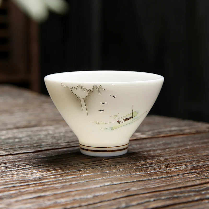 4 pcs/lot Chinese Ceramic Teacup Suet jade White porcelain Coffee cup Tea Bowl Handmade Tea set Accessories Master cup Drinkware