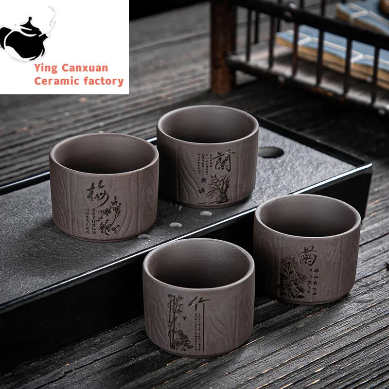 4 pcs/lot Handmade Purple Clay Teacup Hand-carved single cup Tea bowl Master Cup Chinese Teaware Drink tea set accessories