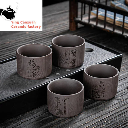 4 pcs/lot Handmade Purple Clay Teacup Hand-carved single cup Tea bowl Master Cup Chinese Teaware Drink tea set accessories
