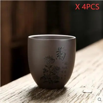 4 pcs/lot Handmade Purple Clay Teacup Hand-carved single cup Tea bowl Master Cup Chinese Teaware Drink tea set accessories