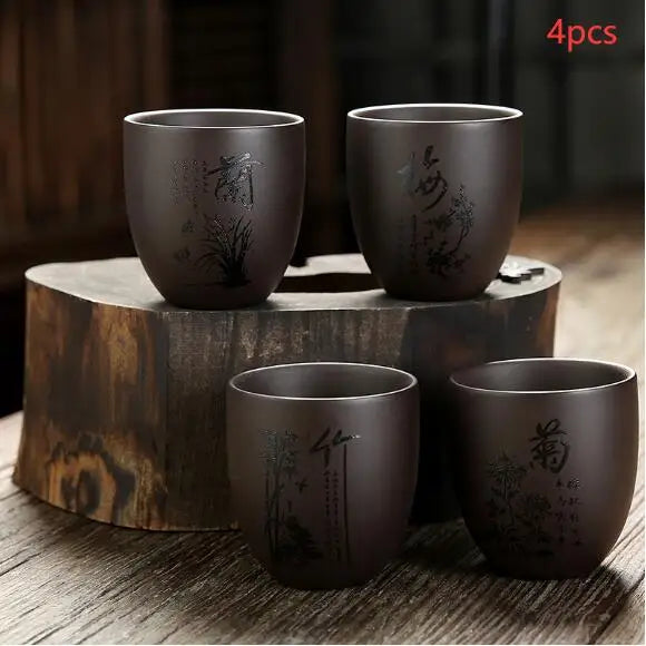 4 pcs/lot Handmade Purple Clay Teacup Hand-carved single cup Tea bowl Master Cup Chinese Teaware Drink tea set accessories