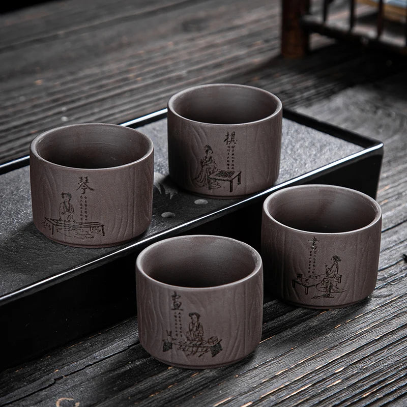 4 pcs/lot Handmade Purple Clay Teacup Hand-carved single cup Tea bowl Master Cup Chinese Teaware Drink tea set accessories