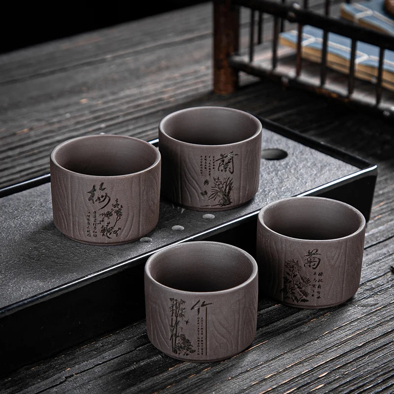 4 pcs/lot Handmade Purple Clay Teacup Hand-carved single cup Tea bowl Master Cup Chinese Teaware Drink tea set accessories