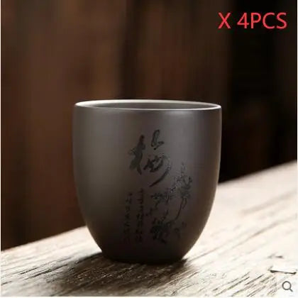 4 pcs/lot Handmade Purple Clay Teacup Hand-carved single cup Tea bowl Master Cup Chinese Teaware Drink tea set accessories