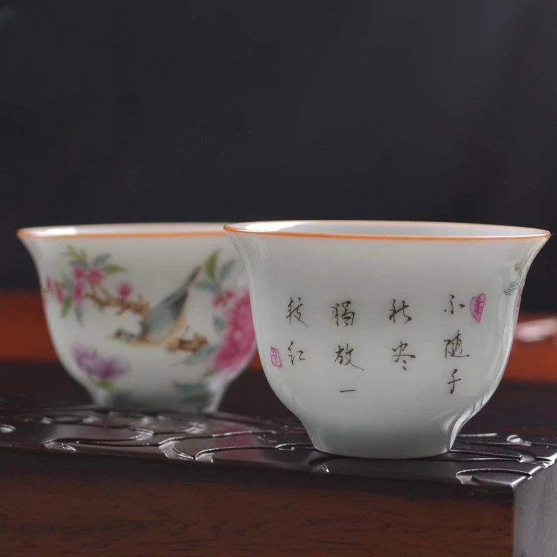 4 pcs/lot Jingdezhen Pastel Ceramic Teacup Traditional Technology Hand painted flowers and birds Tea bowl Master cup Tea set