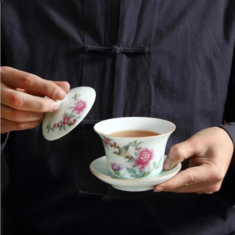 4 pcs/lot Jingdezhen Pastel Ceramic Teacup Traditional Technology Hand painted flowers and birds Tea bowl Master cup Tea set