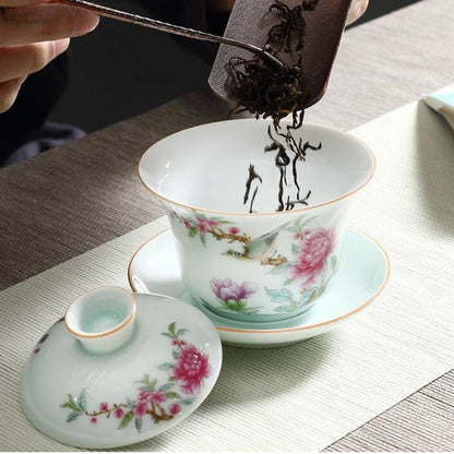 4 pcs/lot Jingdezhen Pastel Ceramic Teacup Traditional Technology Hand painted flowers and birds Tea bowl Master cup Tea set