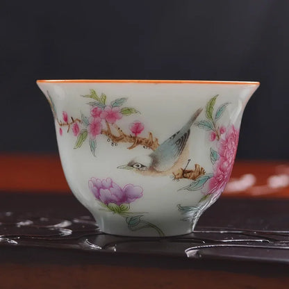 4 pcs/lot Jingdezhen Pastel Ceramic Teacup Traditional Technology Hand painted flowers and birds Tea bowl Master cup Tea set