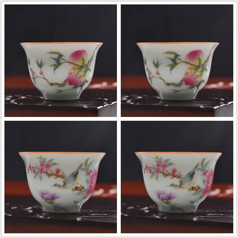 4 pcs/lot Jingdezhen Pastel Ceramic Teacup Traditional Technology Hand painted flowers and birds Tea bowl Master cup Tea set