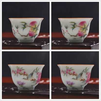 4 pcs/lot Jingdezhen Pastel Ceramic Teacup Traditional Technology Hand painted flowers and birds Tea bowl Master cup Tea set