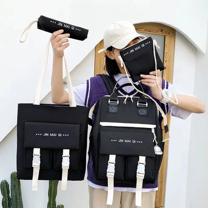 4-piece Fashionable Women's Backpack Canvas Large Capacity School Bags For Teenager Girls Mochila