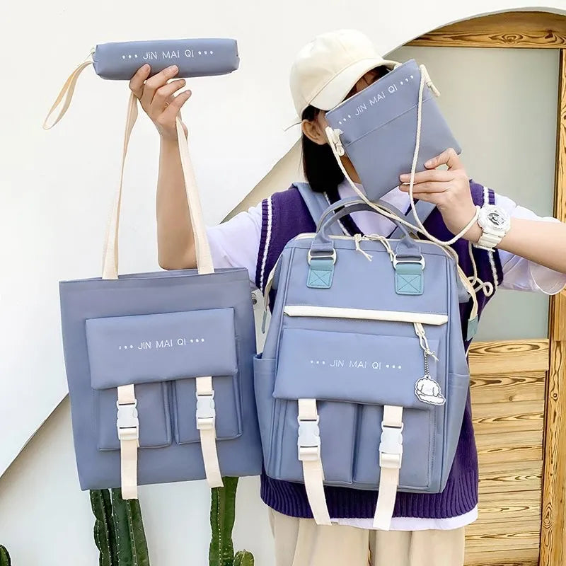 4-piece Fashionable Women's Backpack Canvas Large Capacity School Bags For Teenager Girls Mochila
