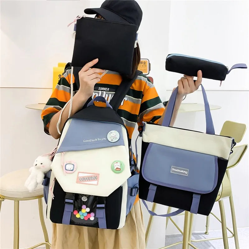 4-piece Set Fashion Women's Backpack Trend Badge Canvas School Bag For Girls Cute Pendant Contrast Color Shoulder Bags Scoolbags