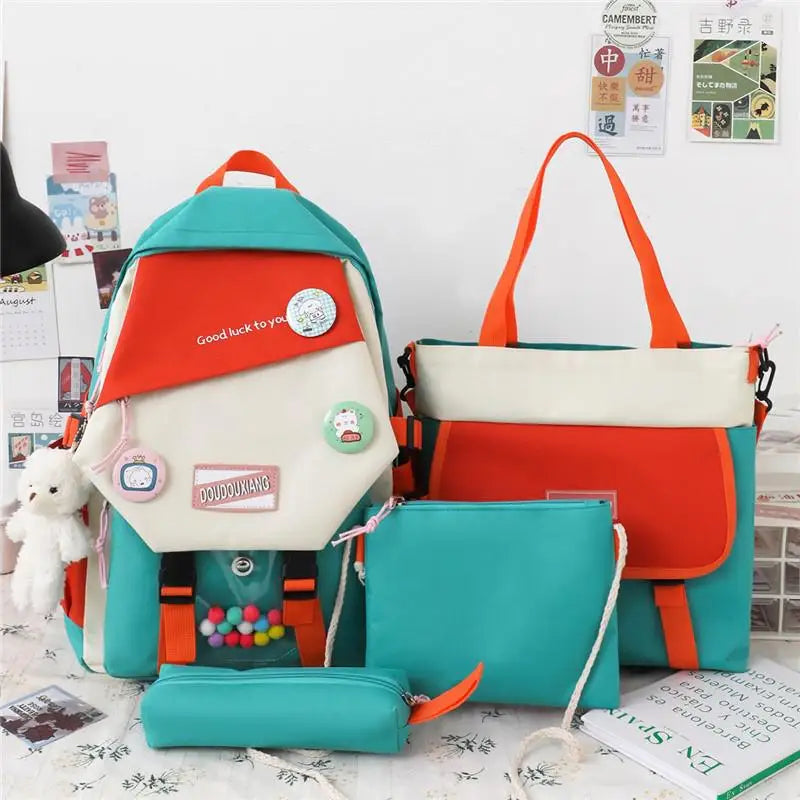 4-piece Set Fashion Women's Backpack Trend Badge Canvas School Bag For Girls Cute Pendant Contrast Color Shoulder Bags Scoolbags