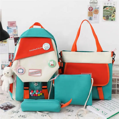 4-piece Set Fashion Women's Backpack Trend Badge Canvas School Bag For Girls Cute Pendant Contrast Color Shoulder Bags Scoolbags