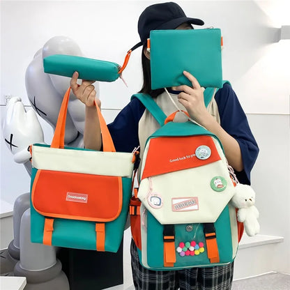 4-piece Set Fashion Women's Backpack Trend Badge Canvas School Bag For Girls Cute Pendant Contrast Color Shoulder Bags Scoolbags