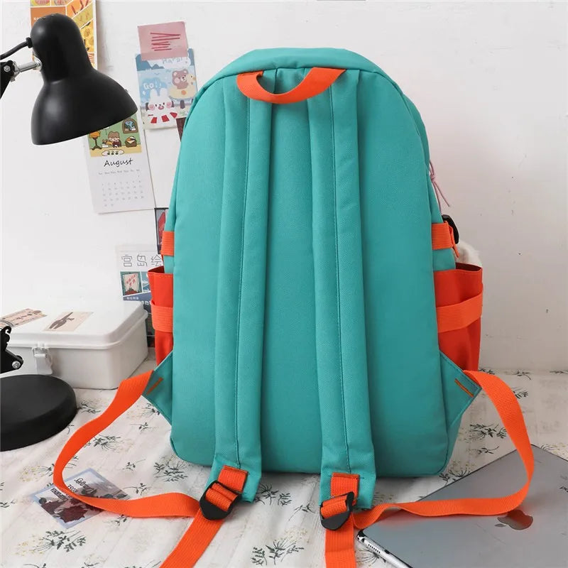 4-piece Set Fashion Women's Backpack Trend Badge Canvas School Bag For Girls Cute Pendant Contrast Color Shoulder Bags Scoolbags