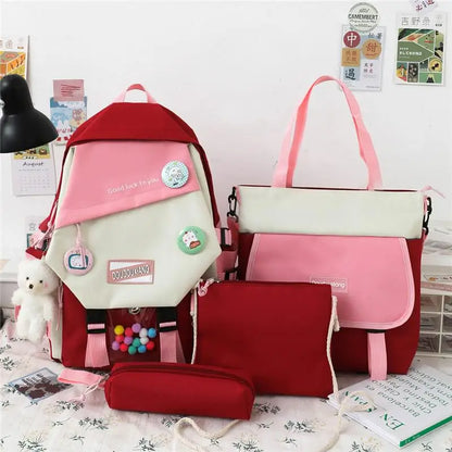 4-piece Set Fashion Women's Backpack Trend Badge Canvas School Bag For Girls Cute Pendant Contrast Color Shoulder Bags Scoolbags