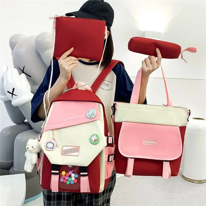 4-piece Set Fashion Women's Backpack Trend Badge Canvas School Bag For Girls Cute Pendant Contrast Color Shoulder Bags Scoolbags