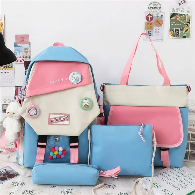 4-piece Set Fashion Women's Backpack Trend Badge Canvas School Bag For Girls Cute Pendant Contrast Color Shoulder Bags Scoolbags
